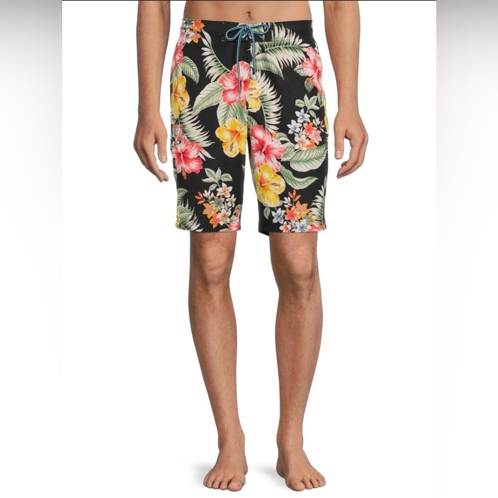 Black floral Hawaiian print swim trunks